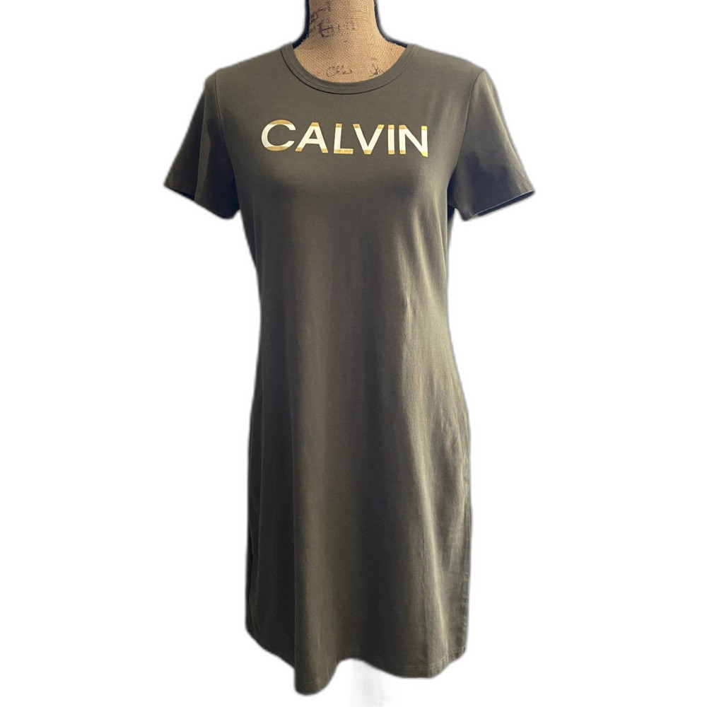 Calvin Klein Olive Green Short Sleeve‎ Graphic Logo T-Shirt Dress Size Medium